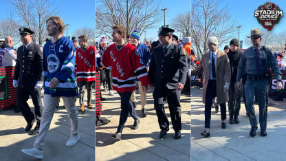 Rangers Islanders Stadium Series arrivals firefighters policemen 